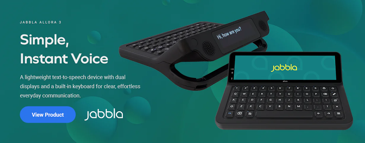 A lightweight text-to-speech device with dual displays and a built-in keyboard for clear, effortless everyday communication.